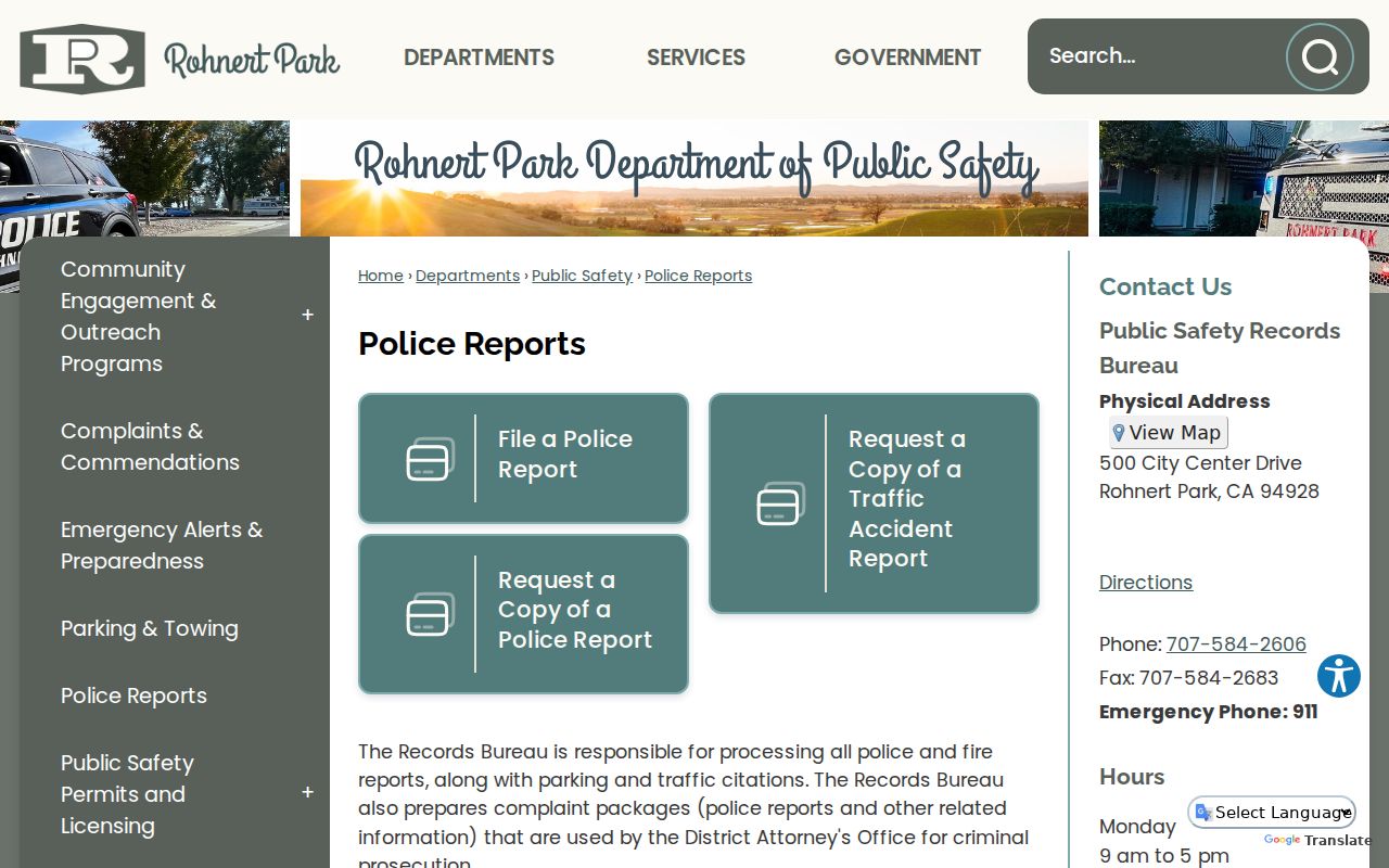 Rohnert Park criminal history police report request channels