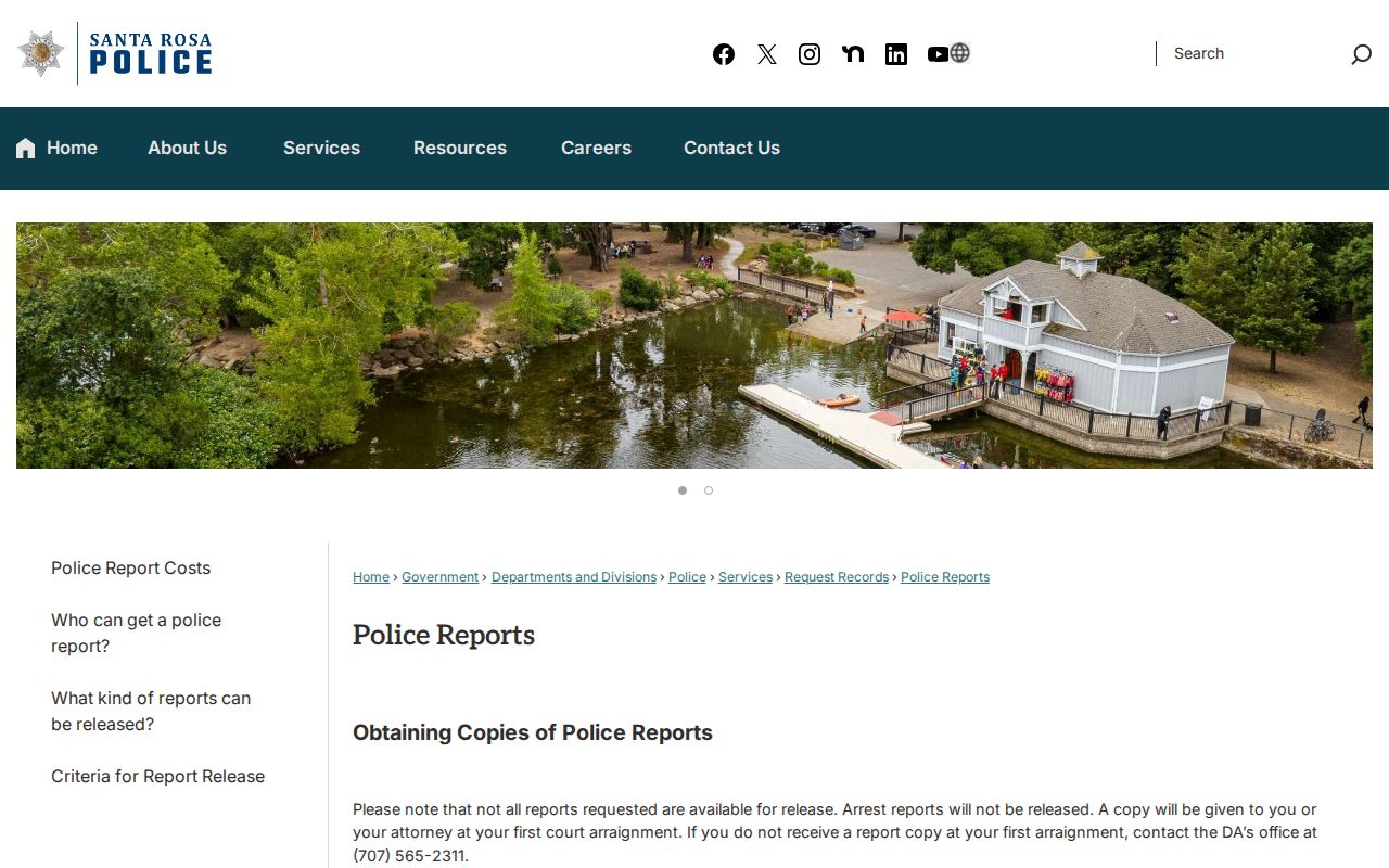 Santa Rosa criminal history police report request page