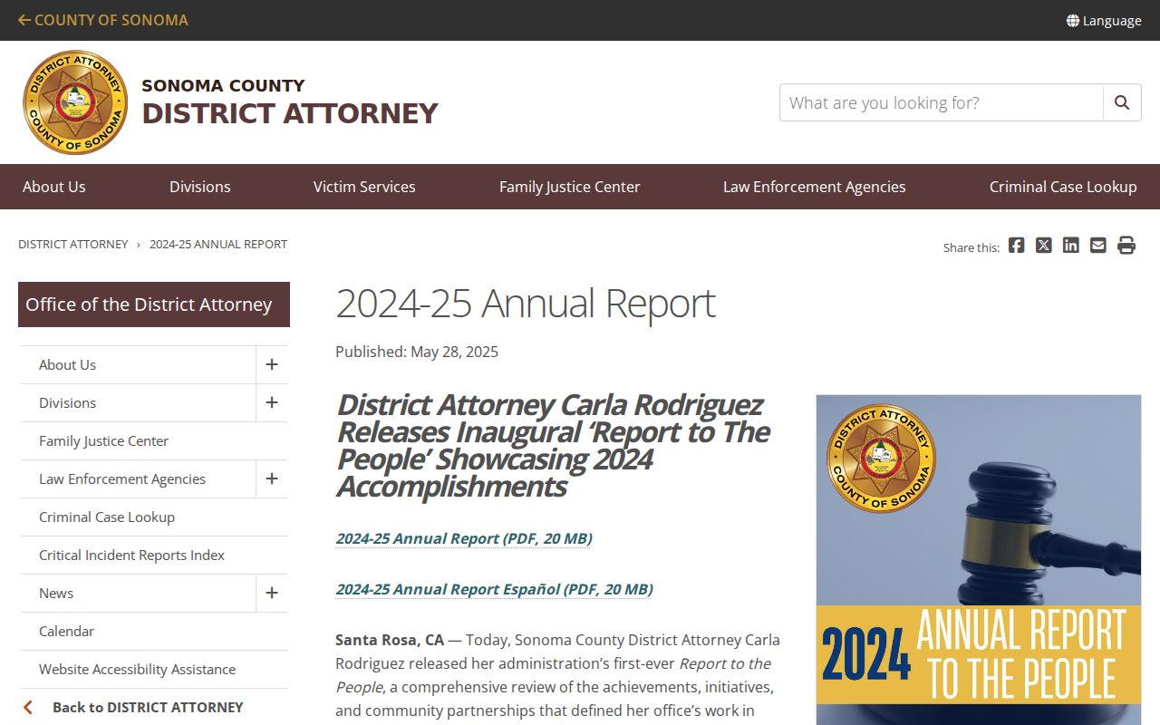 Sonoma County arrest history District Attorney annual report