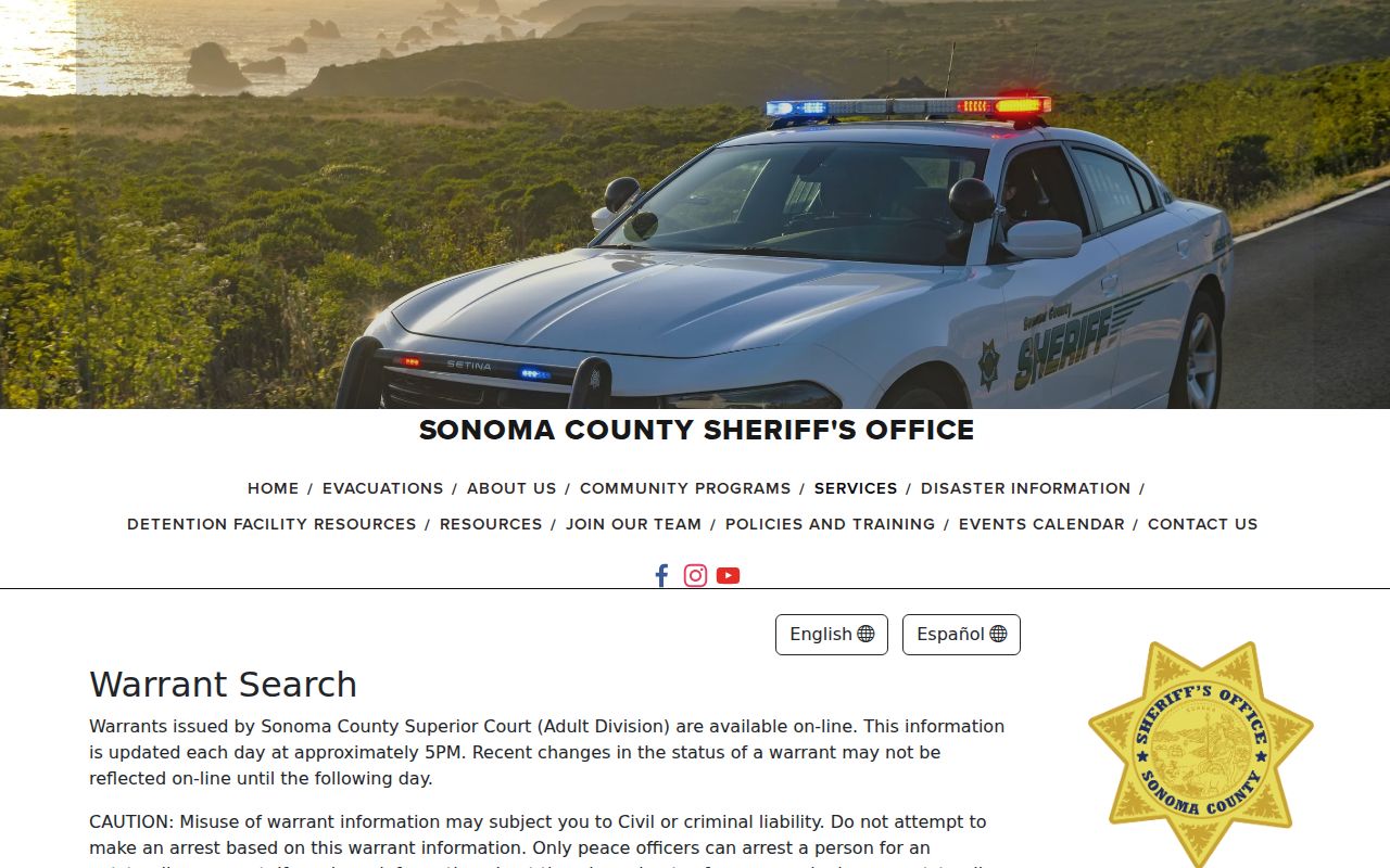 Sonoma County criminal history adult warrant search