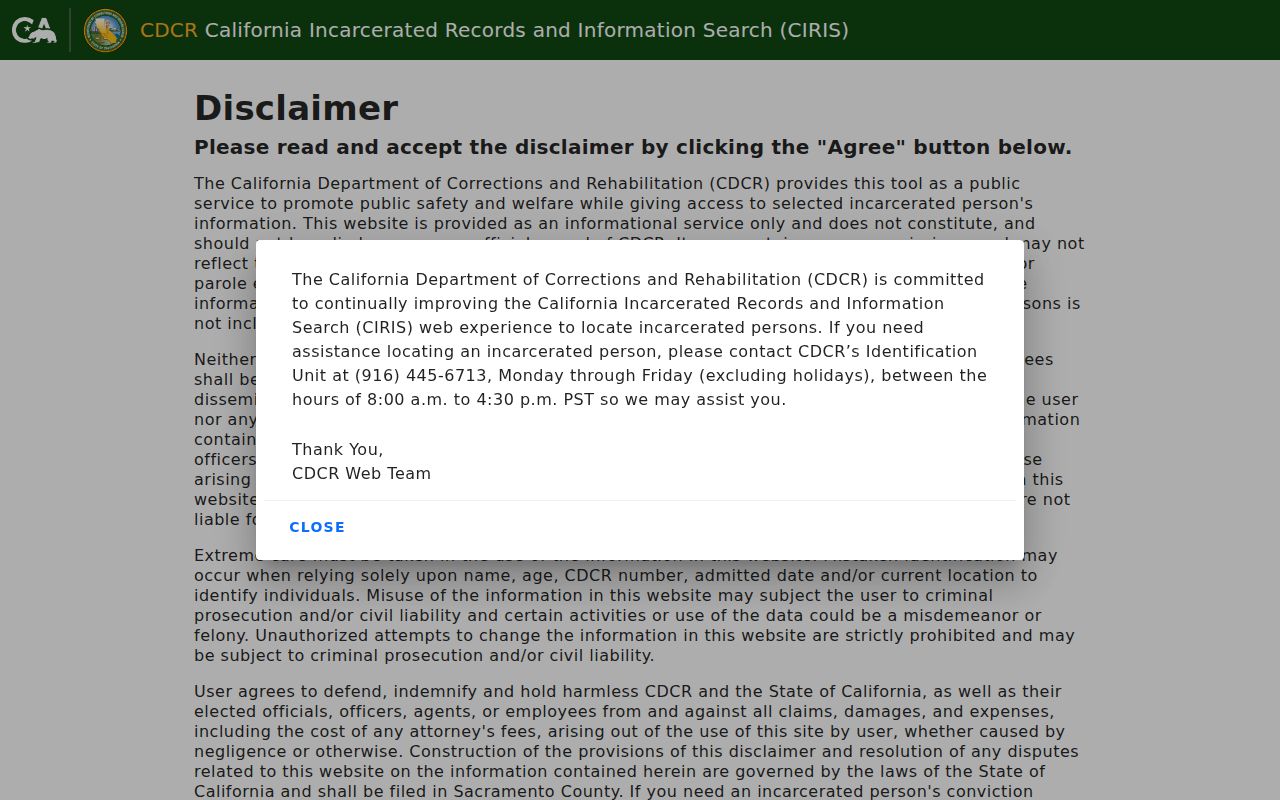 Sonoma County criminal history and CDCR CIRIS state custody search