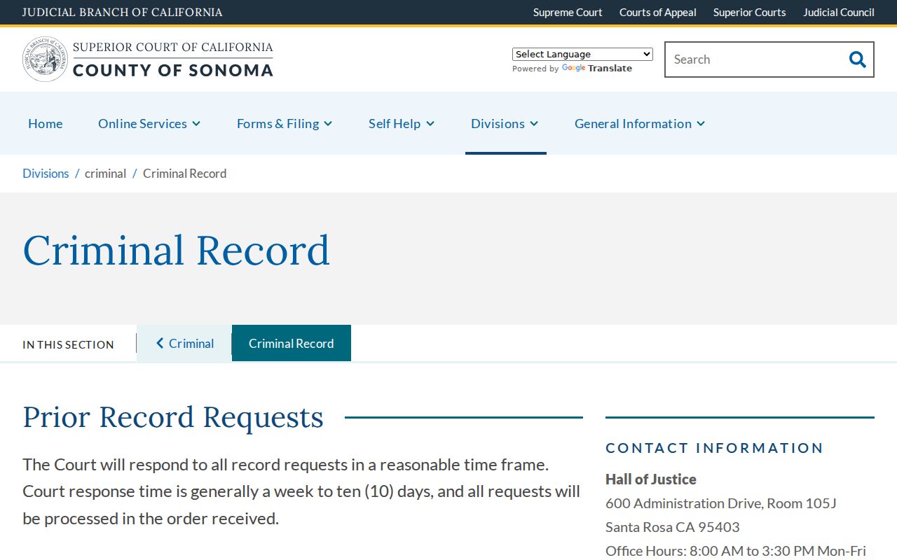 Sonoma County criminal history and CR-01 court record requests