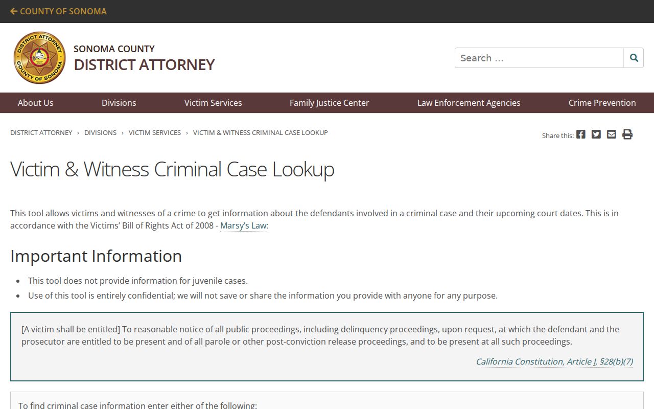 Sonoma County criminal history District Attorney victim case lookup