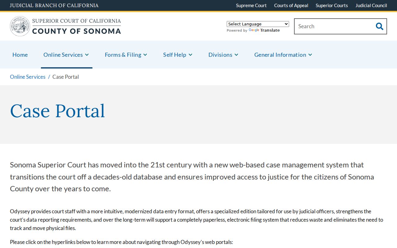 Sonoma County criminal history search through the Odyssey case portal